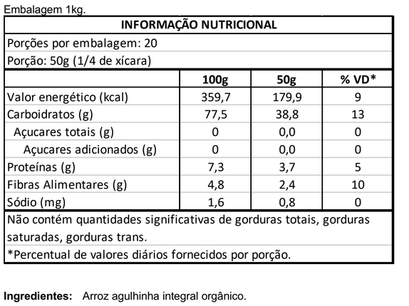 Arroz Agulhinha Integral Orgânico 1kg Vero Nuttri
