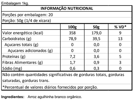 Arroz Agulhinha Branco Orgânico 1kg Vero Nuttri