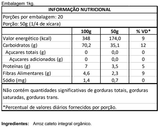 Arroz Cateto Integral Orgânico 1kg Vero Nuttri